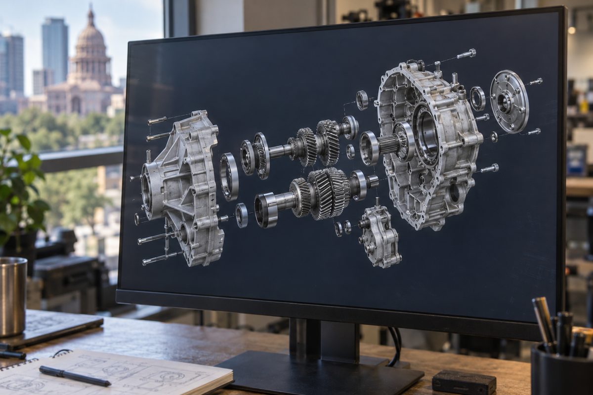 A gearbox assembly in exploded view inside the modeller