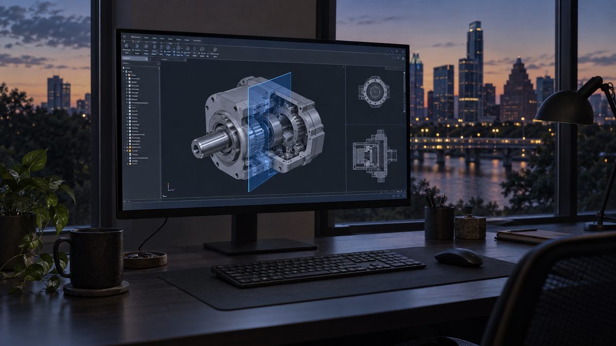 A 32-inch monitor showing a dark-themed CAD window on an empty desk at dusk