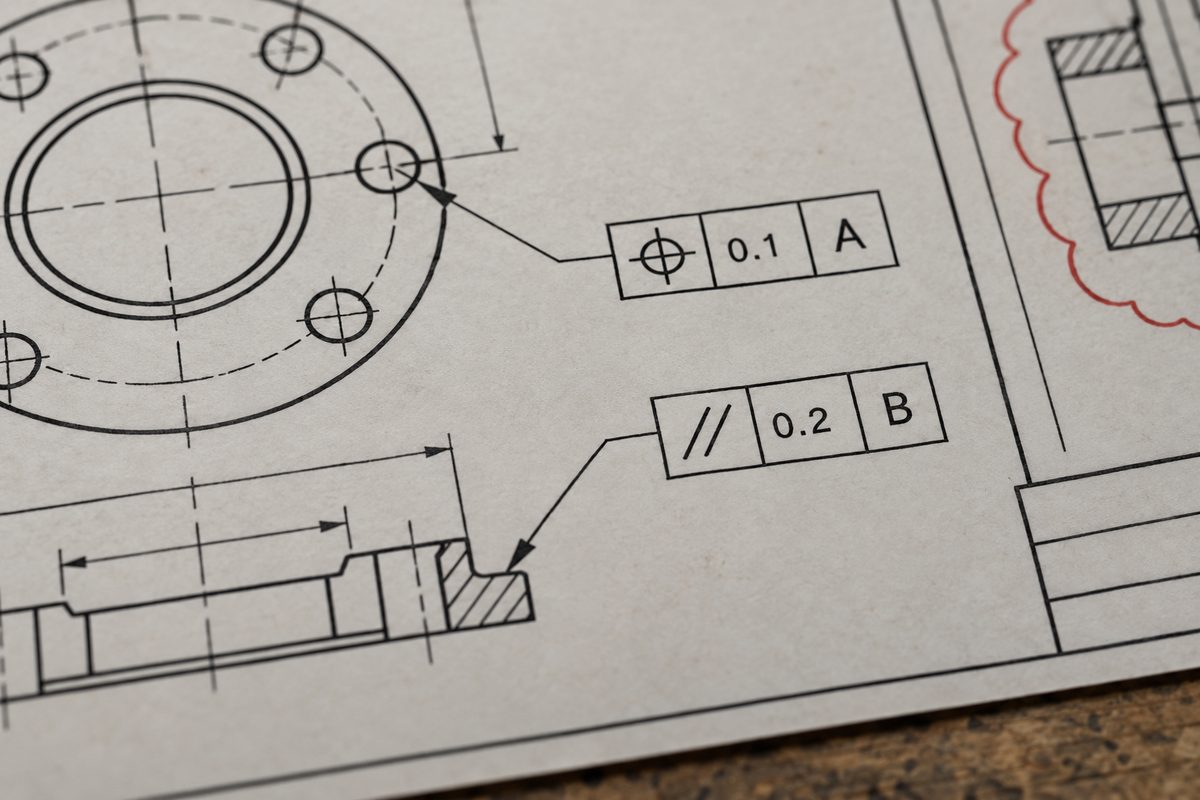 A printed drawing sheet showing GD&T symbols and a revision cloud