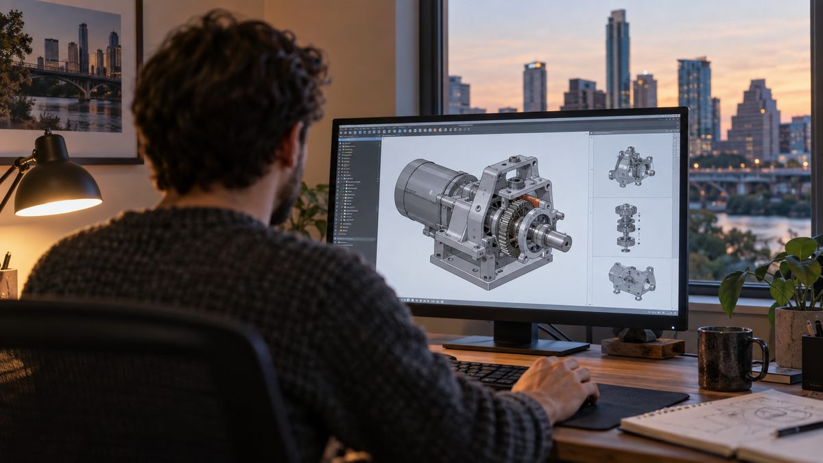 An engineer at a dark desk working on a CAD assembly