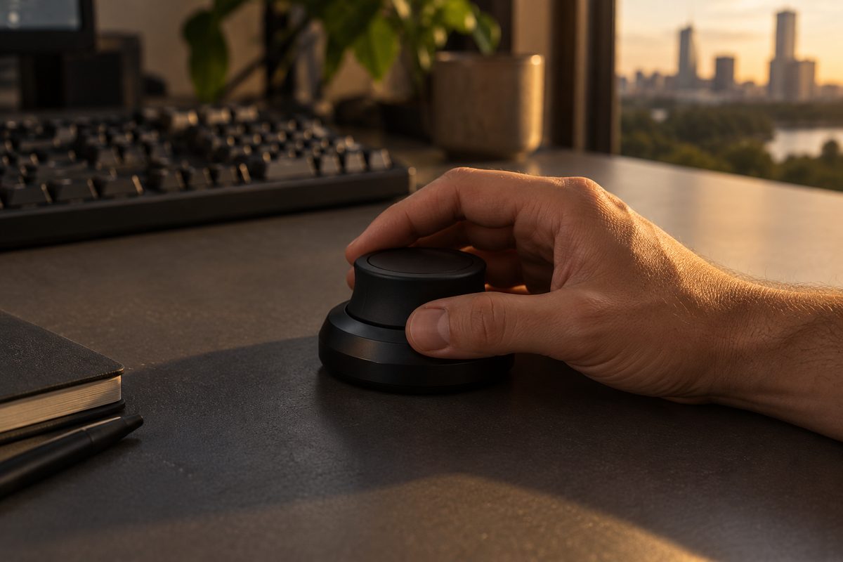 A hand resting on a 3D navigation puck beside a mechanical keyboard