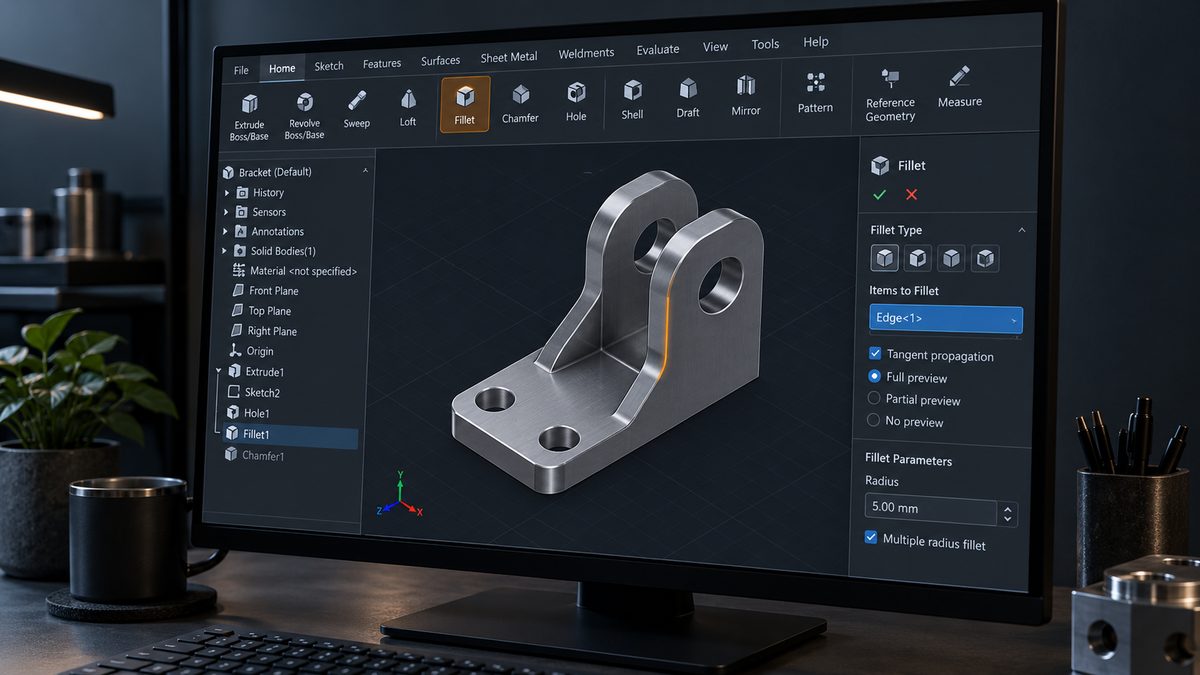 The Solldworkss modeller with a bracket part open and the feature tree expanded