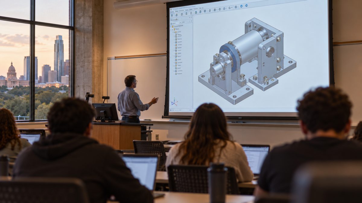 A lecture hall with a CAD assembly projected on the front screen