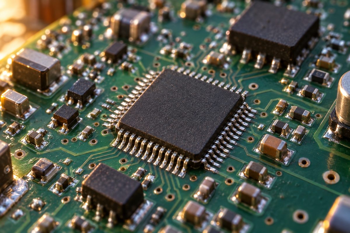 A printed-circuit board shown in extreme macro with a QFP chip at centre