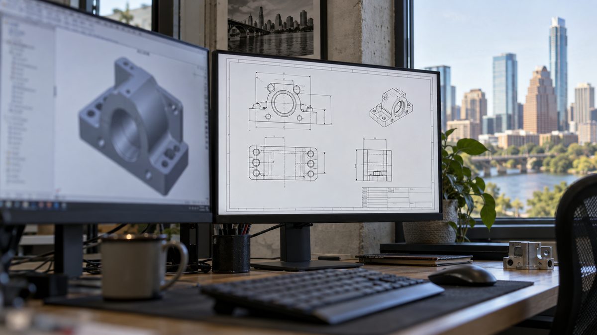 A dual-monitor desk with a drawing sheet open on the second screen