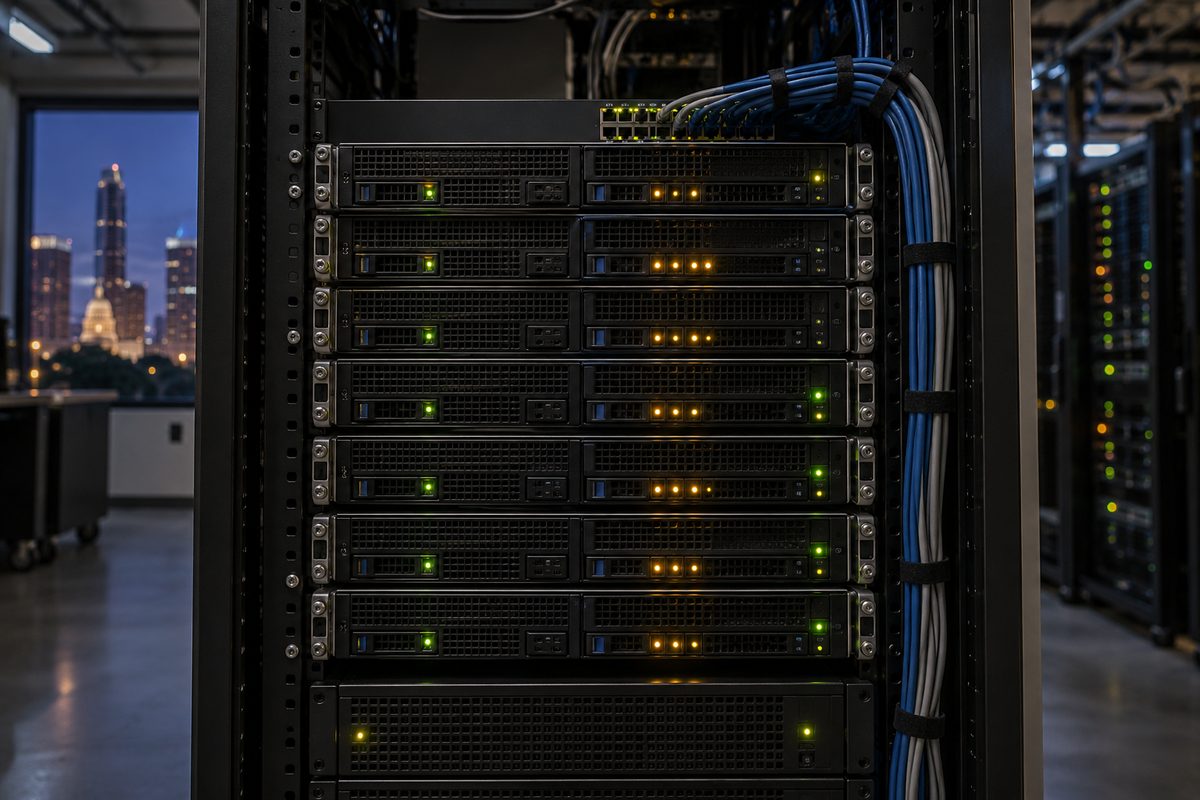 A rack of 1U servers with amber and green status LEDs