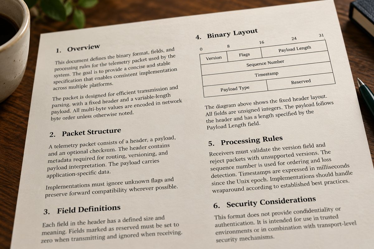 A printed page of the file-format specification with a layout diagram