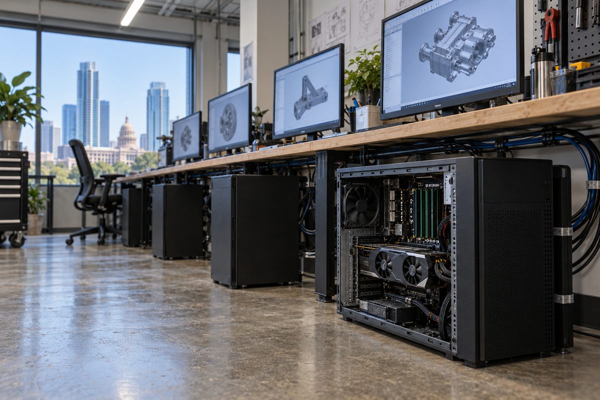 A row of ordinary tower workstations under a lab bench, each running a CAD assembly