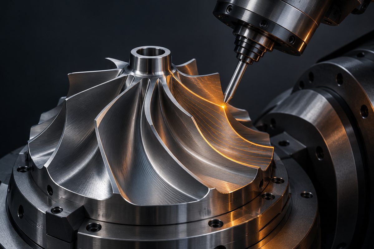 A 5-axis toolpath simulation on a turbine-form part