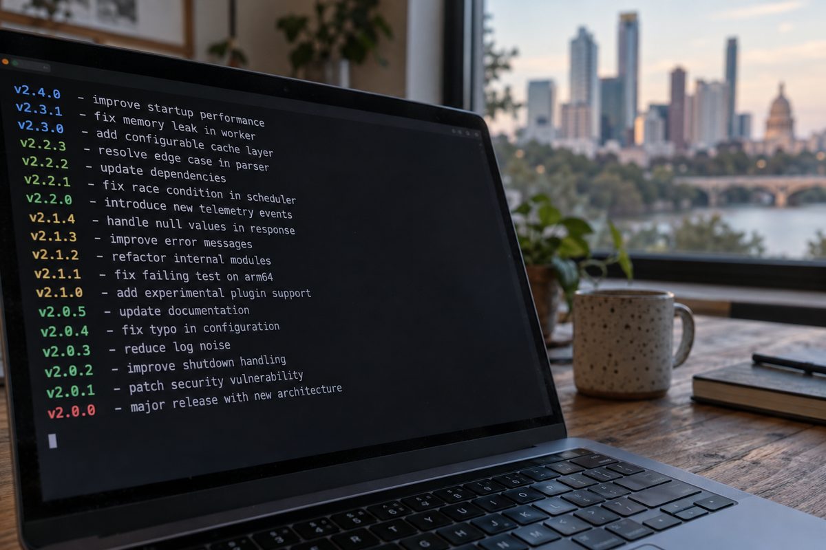A terminal window with a software changelog mid-scroll