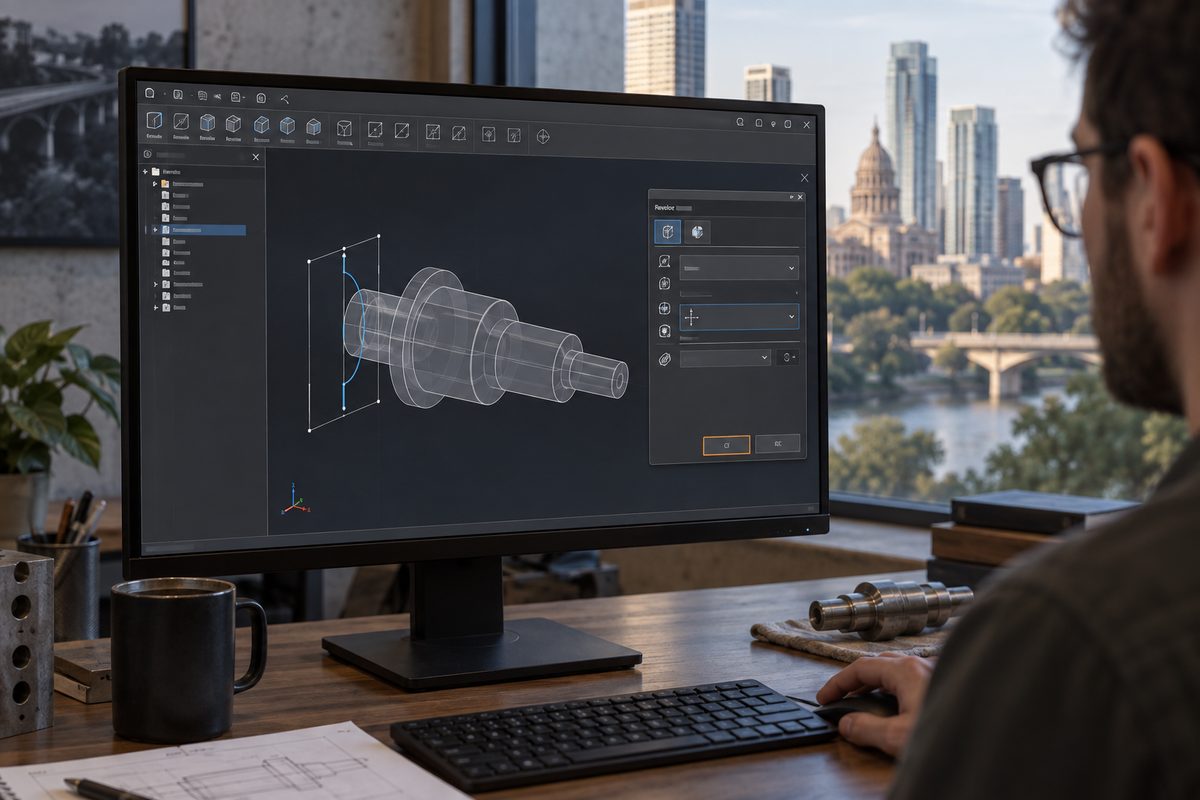 The modeller mid-feature with a revolve preview and the feature dialog open