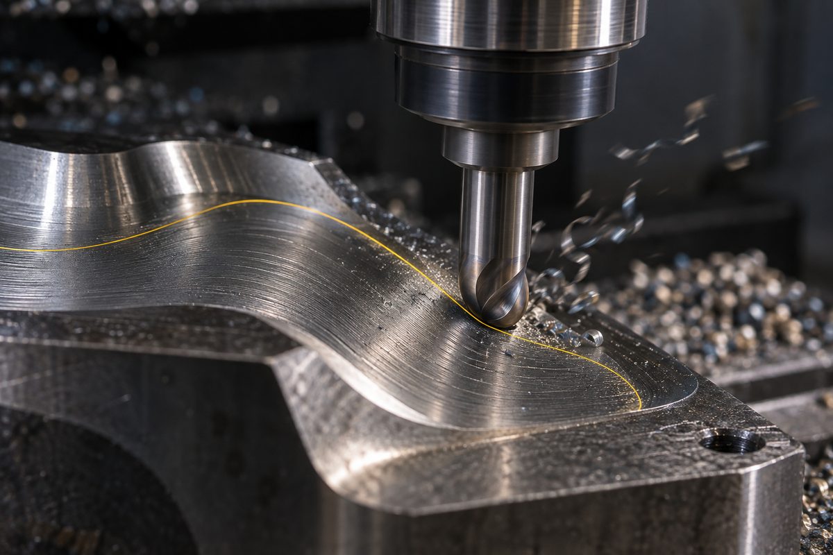 A ball-end cutter engaged with a curved surface in a toolpath simulation